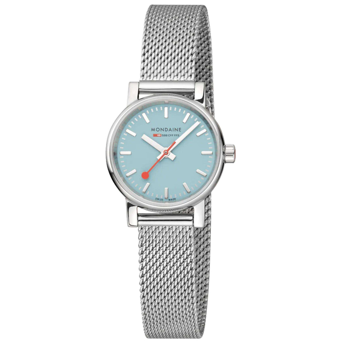 Front view ladies stainless steel watch with light blue dial and mesh bracelet