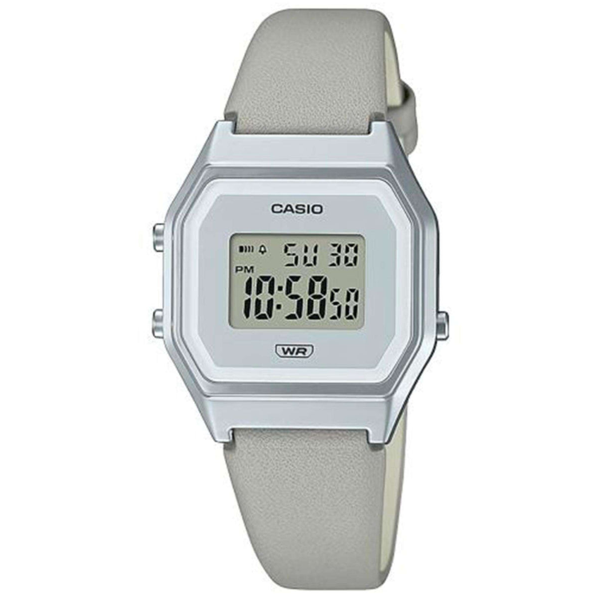 Casio vintage digital ladies watch front view, grey leather strap, square LCD screen