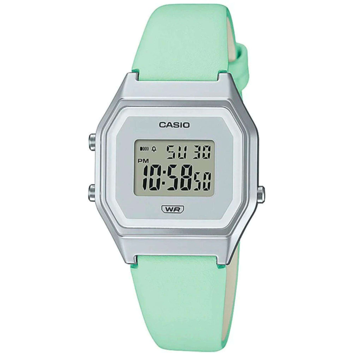 Mint green silicone ladies watch with silver octagonal case and digital LCD display