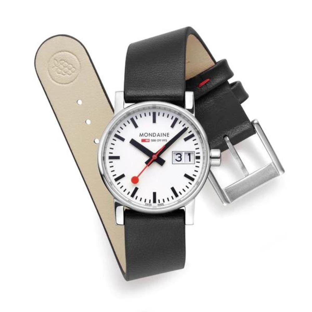 Artistic display of Mondaine Evo2 MSE.30210.LBV Swiss Railways watch showing the black leather strap wrapped around the white watch face