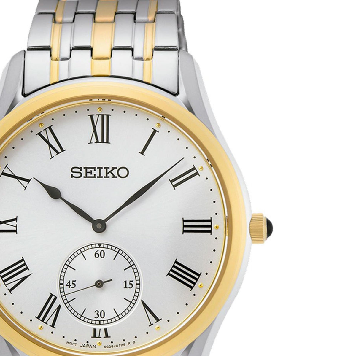 Seiko Essentials watch SKU SRK048P1 focusing on the white dial with black Roman numerals, small seconds sub-dial and gold-tone bezel
