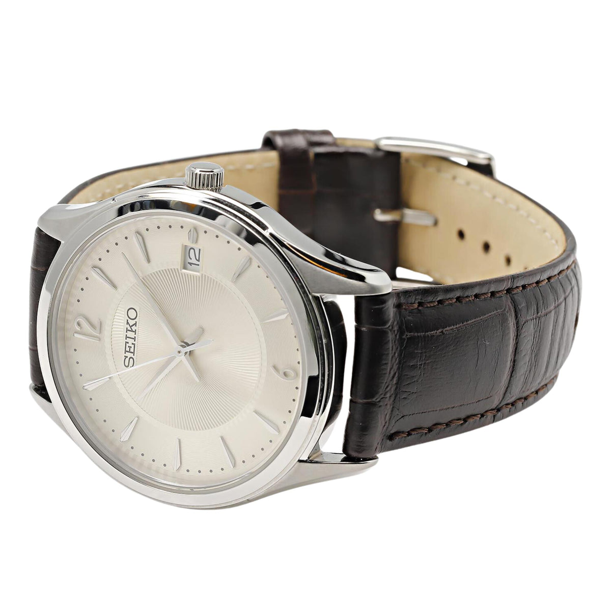 Seiko Essentials SUR421P1 angled side view and brown leather strap detail