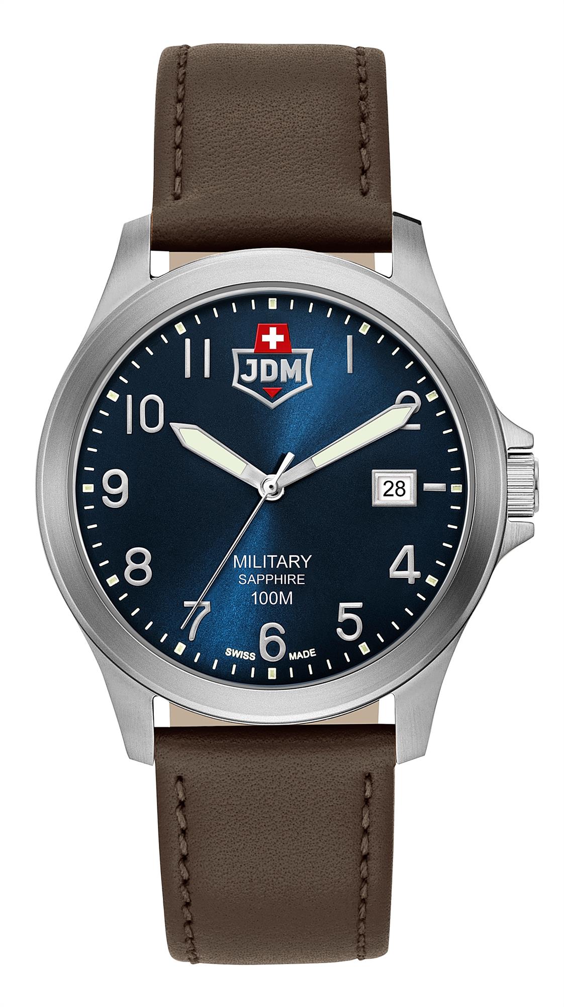 Blue dial analog watch with brown leather strap, red cross logo, date 28