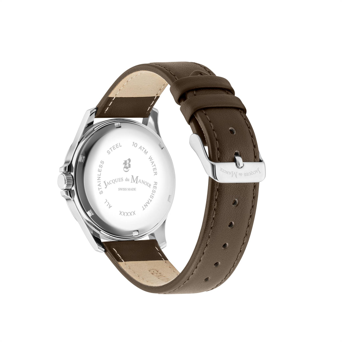 Watch back close view with engraved text and brown leather strap