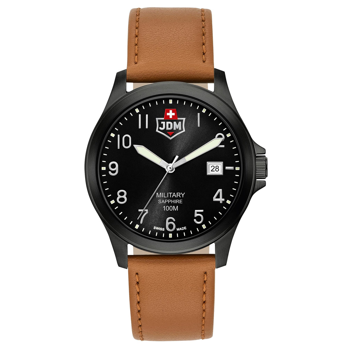 Black-dial military watch with tan leather strap and red JDM logo, day-date window.