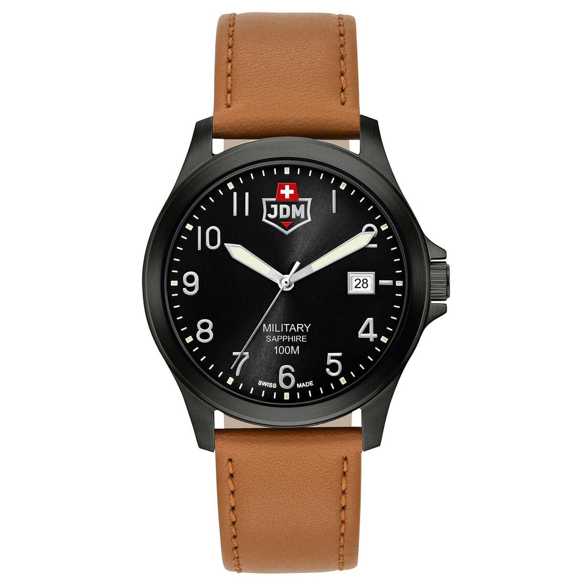 Military-style wristwatch with black dial, tan leather strap, silver hands and hour markers.