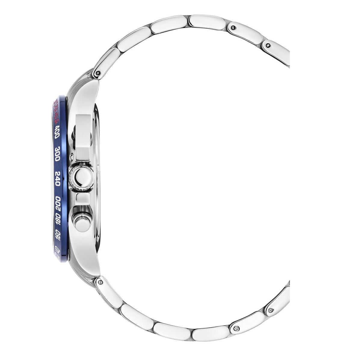 Stainless steel watch side view with crown, lugs, and blue bezel markings