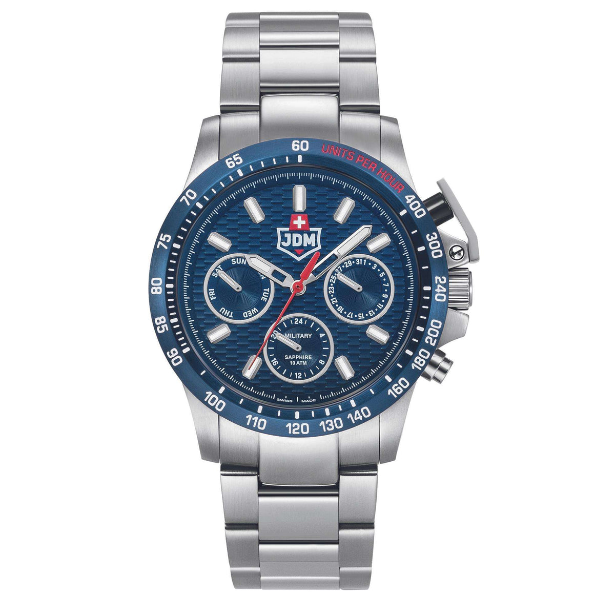 Men's steel bracelet watch with blue dial, red seconds hand, and subdial indicators