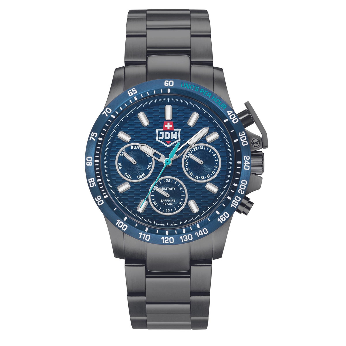 Men's military-style steel watch blue dial with multiple subdials and dark chronograph hands