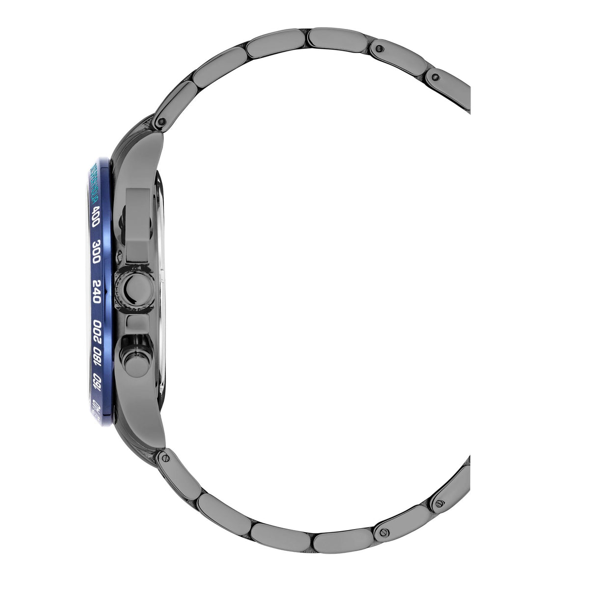 Men's military-style steel watch curved side profile with blue accents on bezel