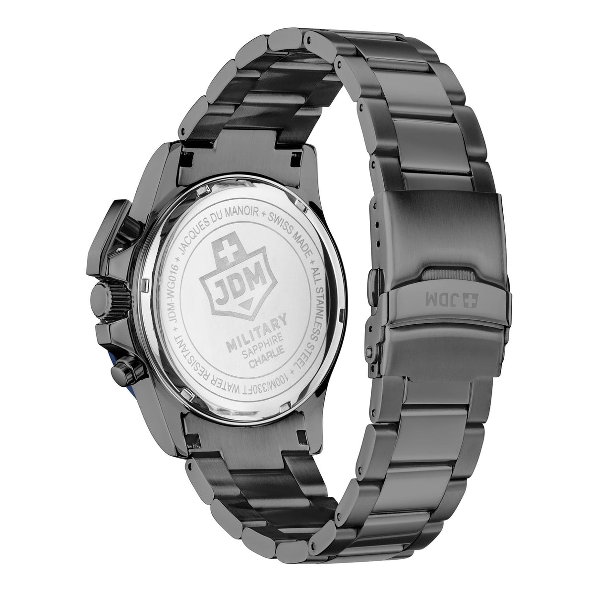 Men's military-style steel watch caseback underside with bracelet links and engraved markings