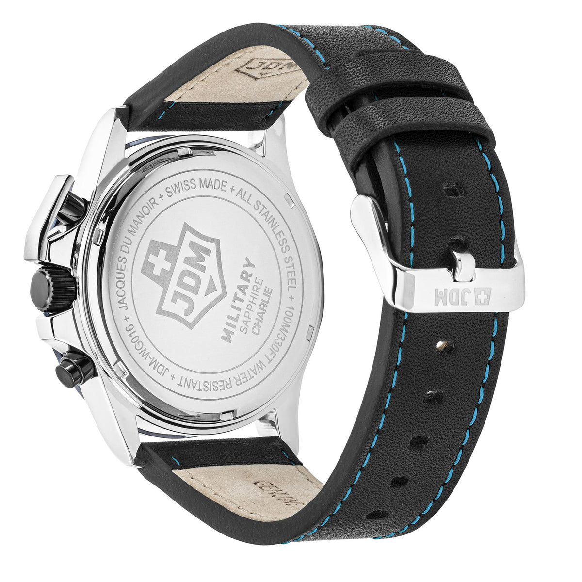 Stainless steel caseback watch on black leather strap with blue stitched trim