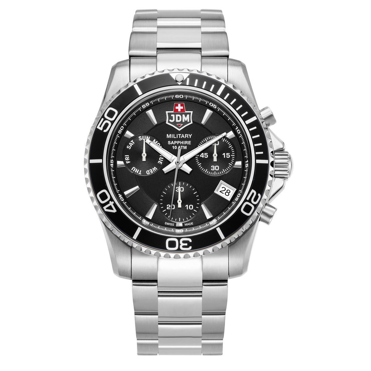 Men's JDM military chronograph watch, black dial with subdials and date window