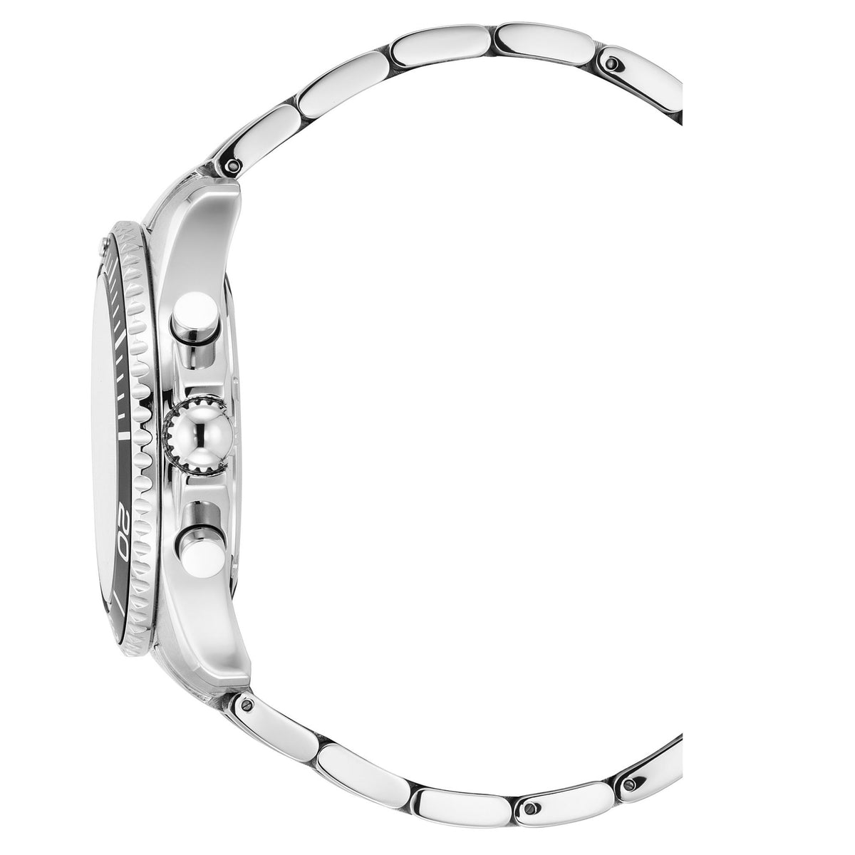 Men's steel watch bracelet side view with crown and pushers