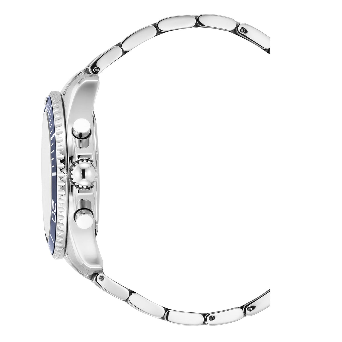 Men's steel bracelet watch side profile with crown and blue bezel markings