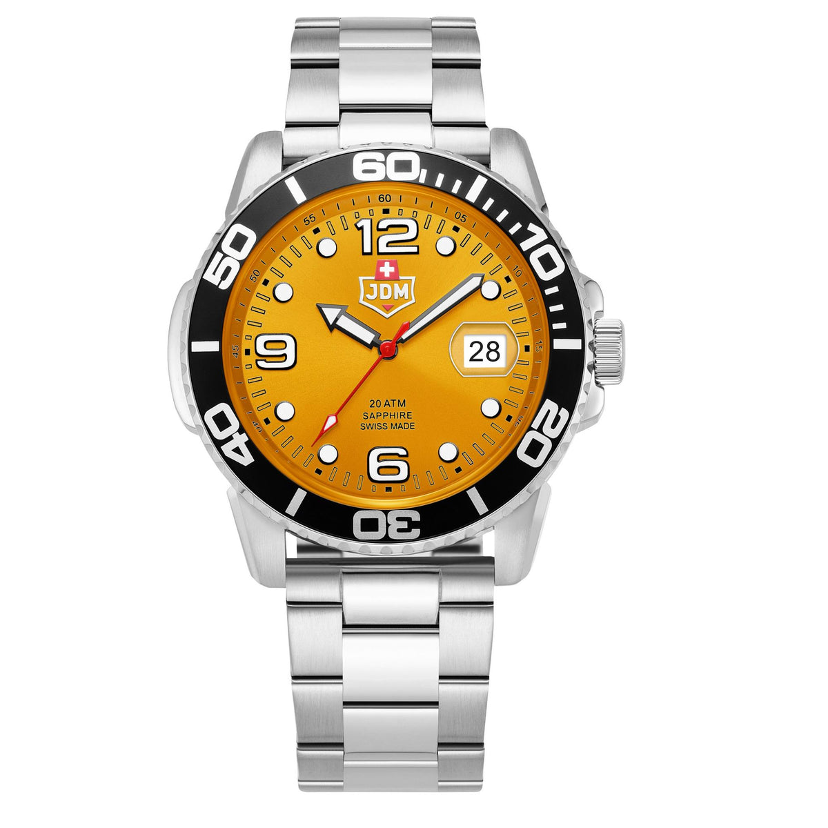 Men's JDM stainless steel case watch with orange dial, black bezel, and date window at 3 o'clock