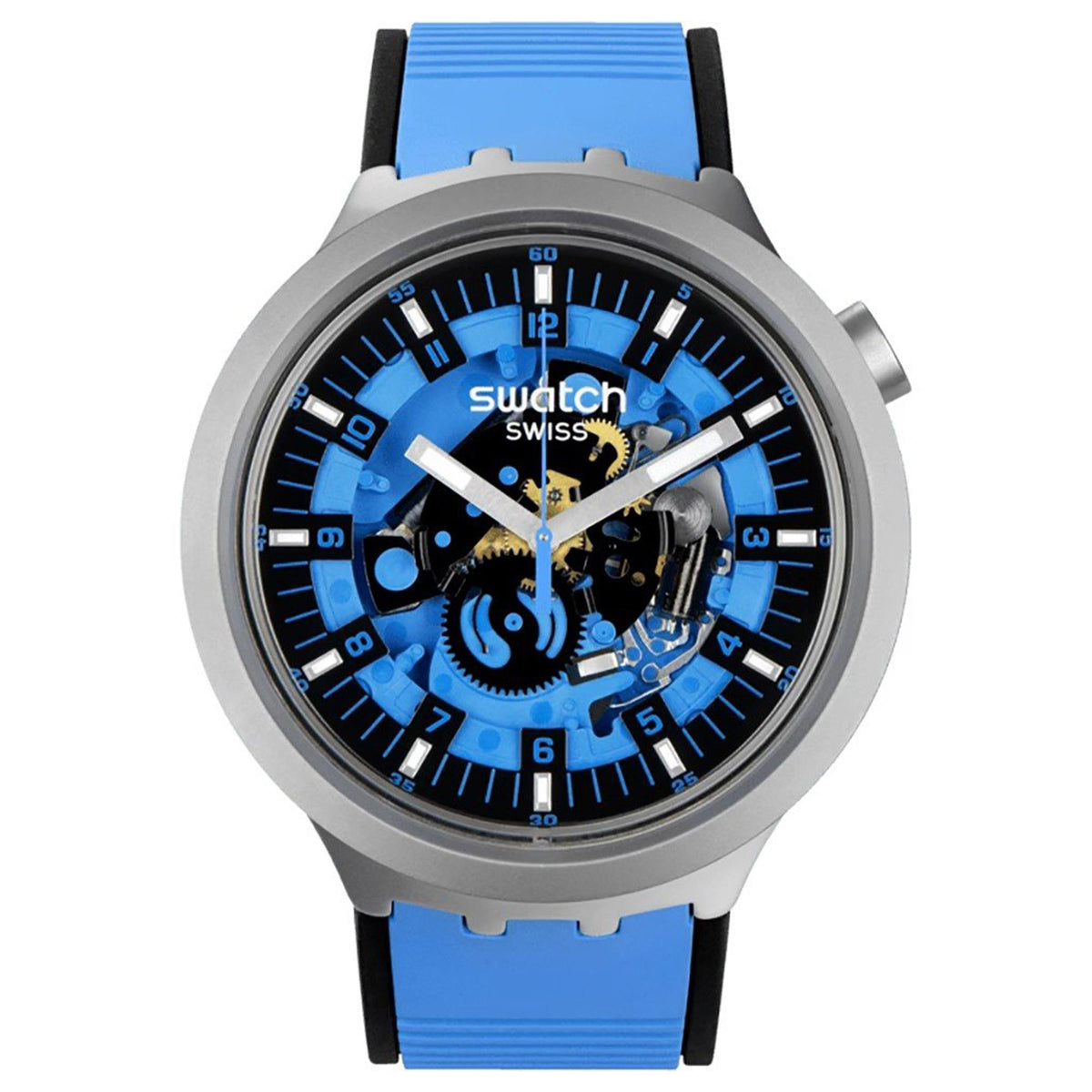 Front view Swatch blue dial quartz watch with blue rubber strap and grey case