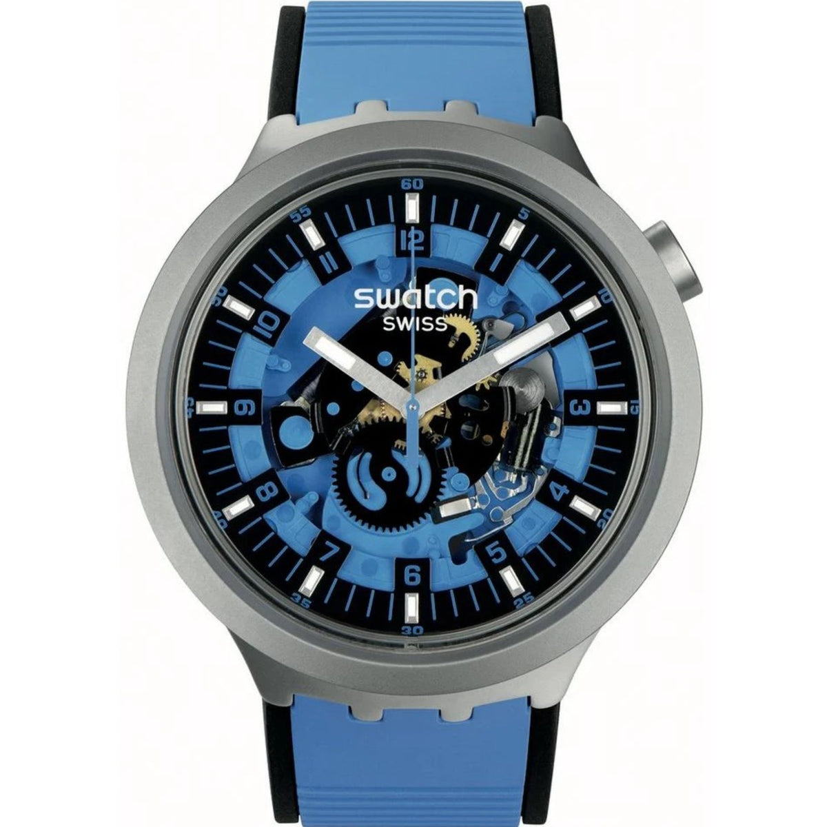 Swatch blue dial quartz watch with blue rubber strap and grey case with markers