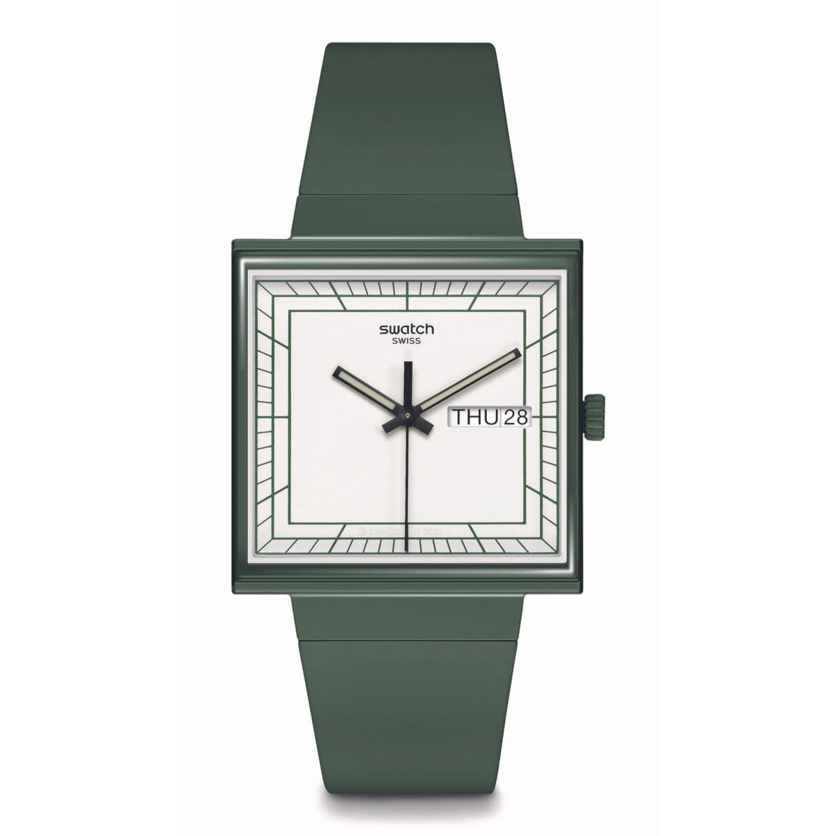 Square bioceramic watch with green strap and white dial, black hands and THU28 date
