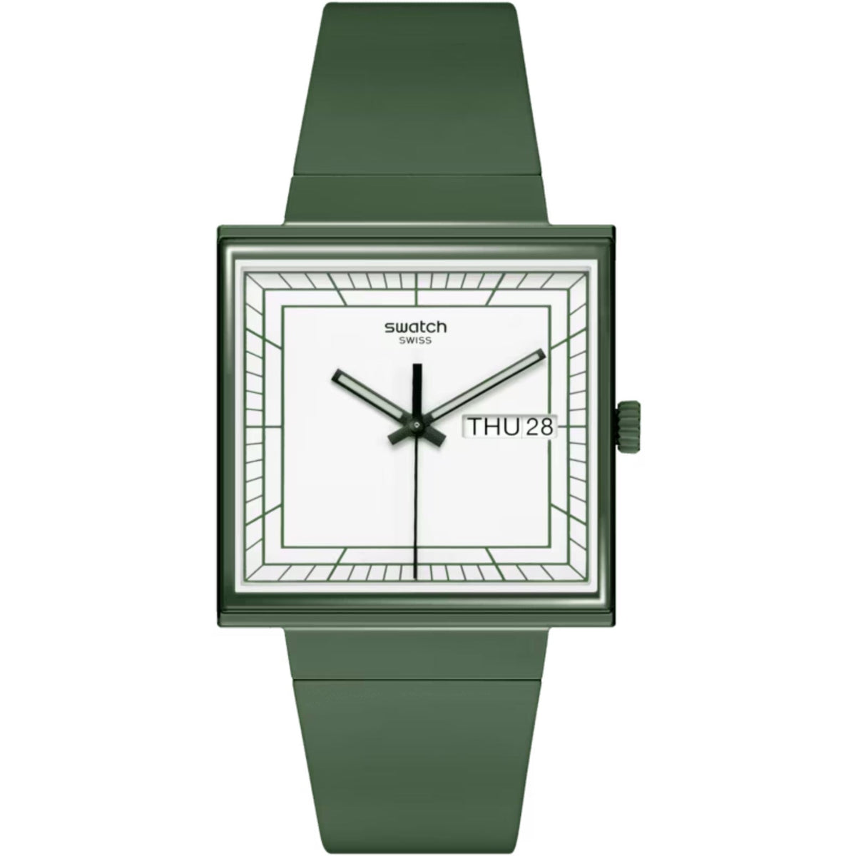 Square bioceramic watch with green strap and white dial, geometric border, black hands