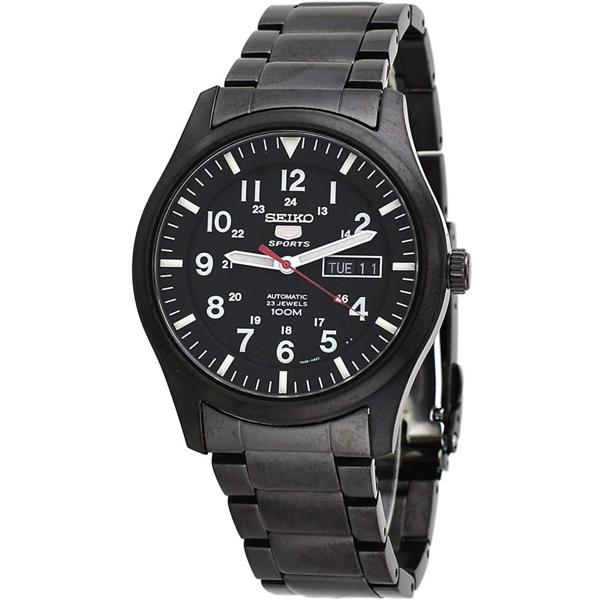 Men's Seiko Sports automatic watch front view, black dial with date window and steel bracelet