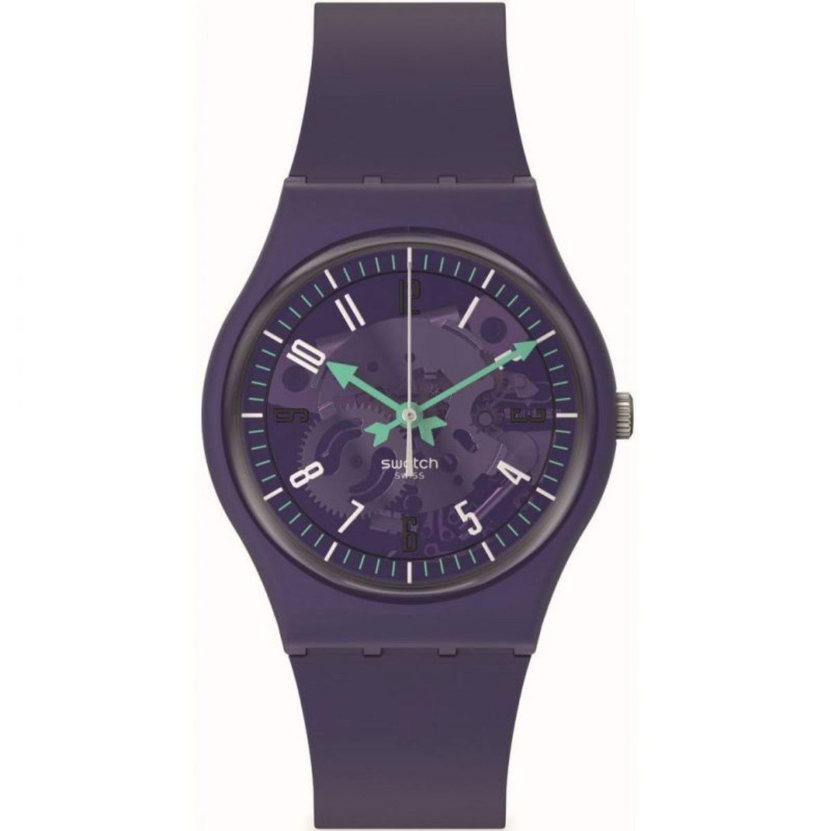 Purple silicone strap analog watch front view with purple dial, green hands, and markers