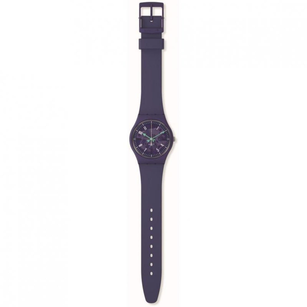 Purple silicone strap analog watch profile, purple dial with visible hour markers