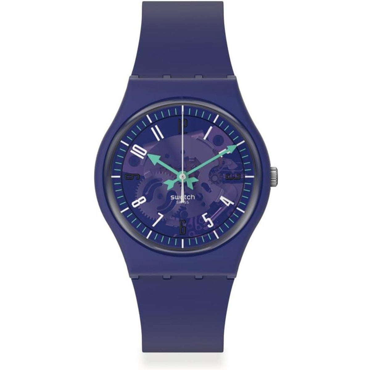 Purple silicone strap analog watch straight-on view with purple dial and green hands