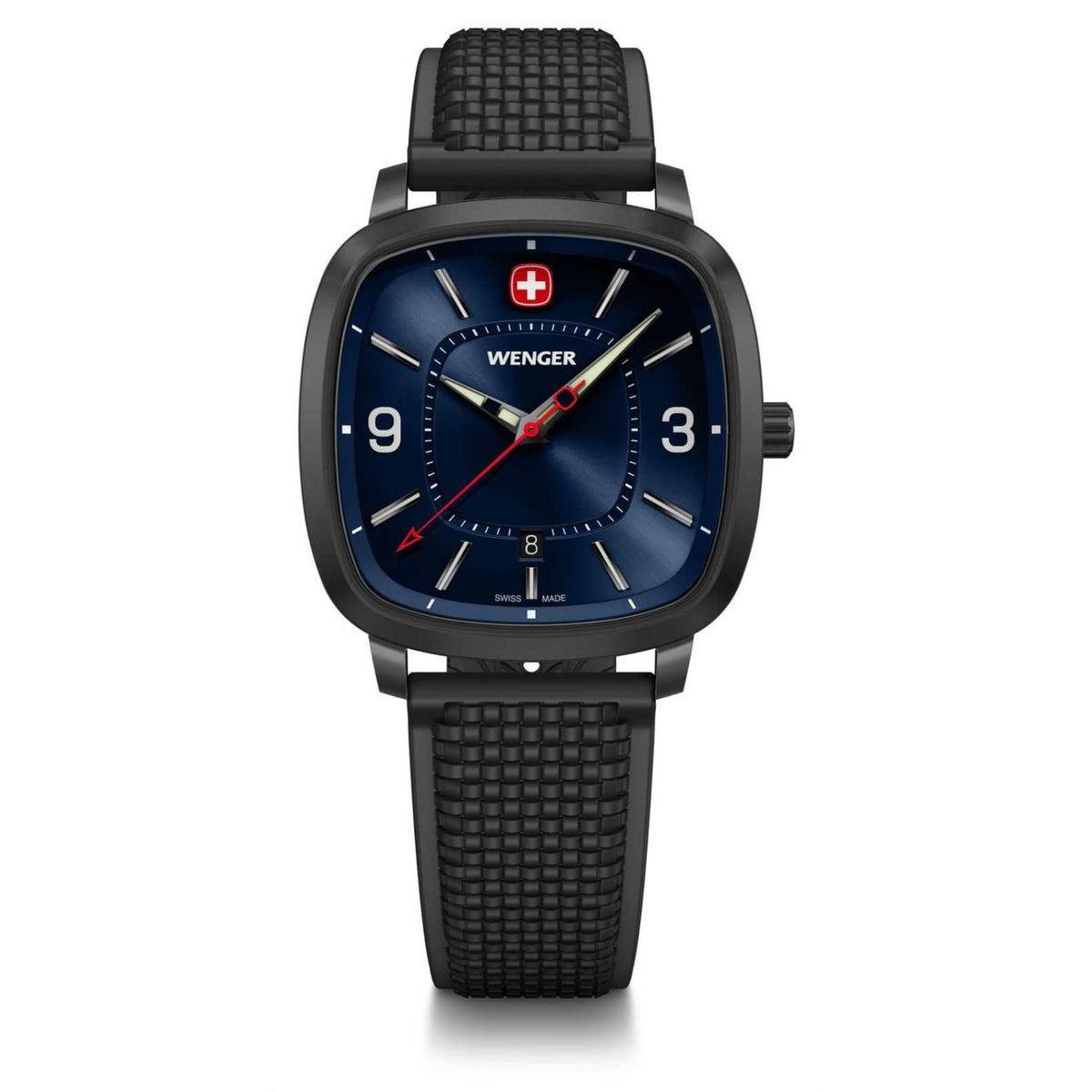 Men's sport watch: blue dial, red second hand, black case and silicone strap