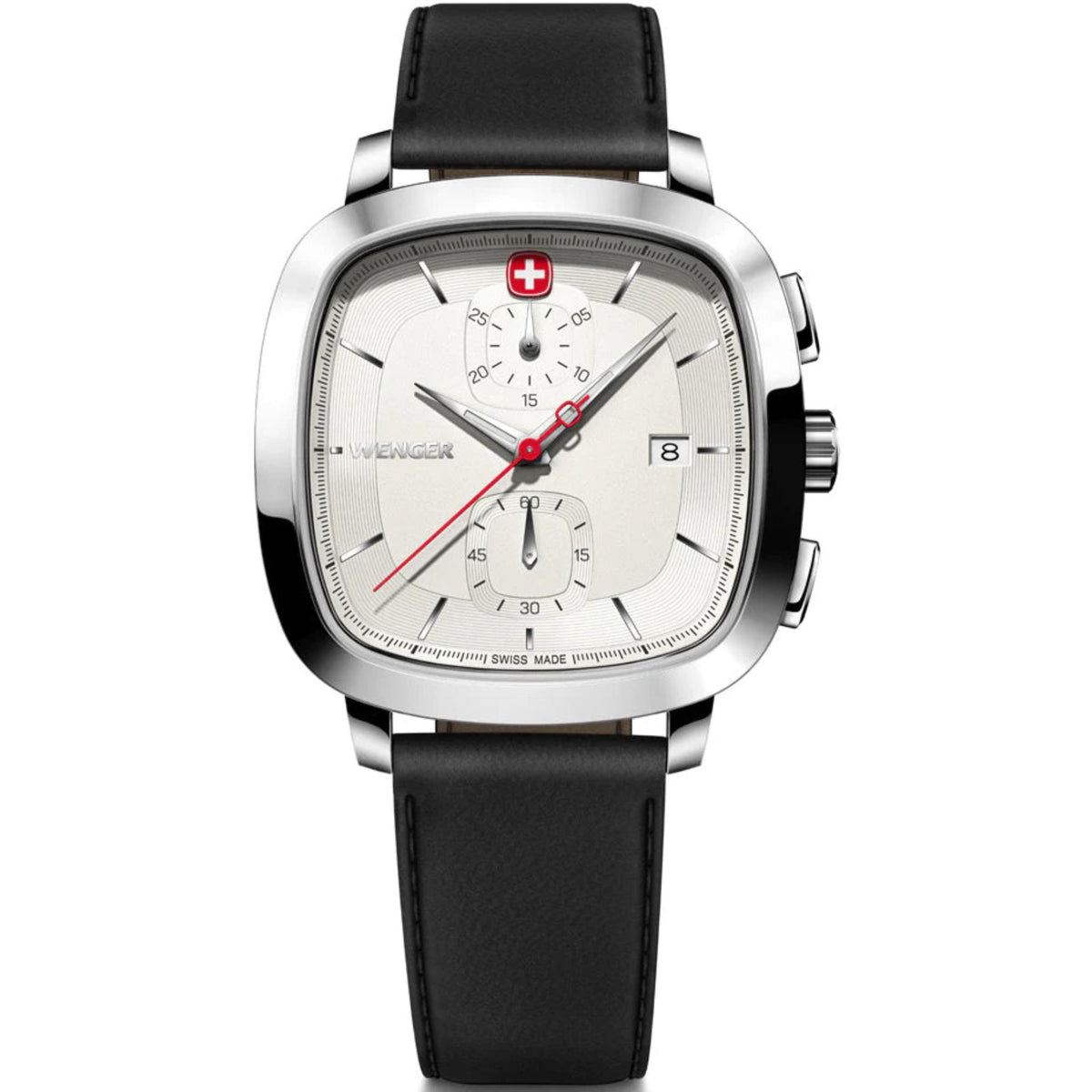 Men's chronograph wristwatch, silver case, white dial with red hands, black leather strap.