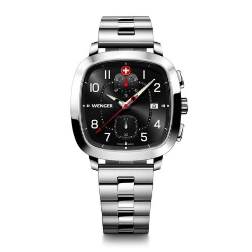 Stainless steel wristwatch with black dial, subdial at 6, chronograph hands