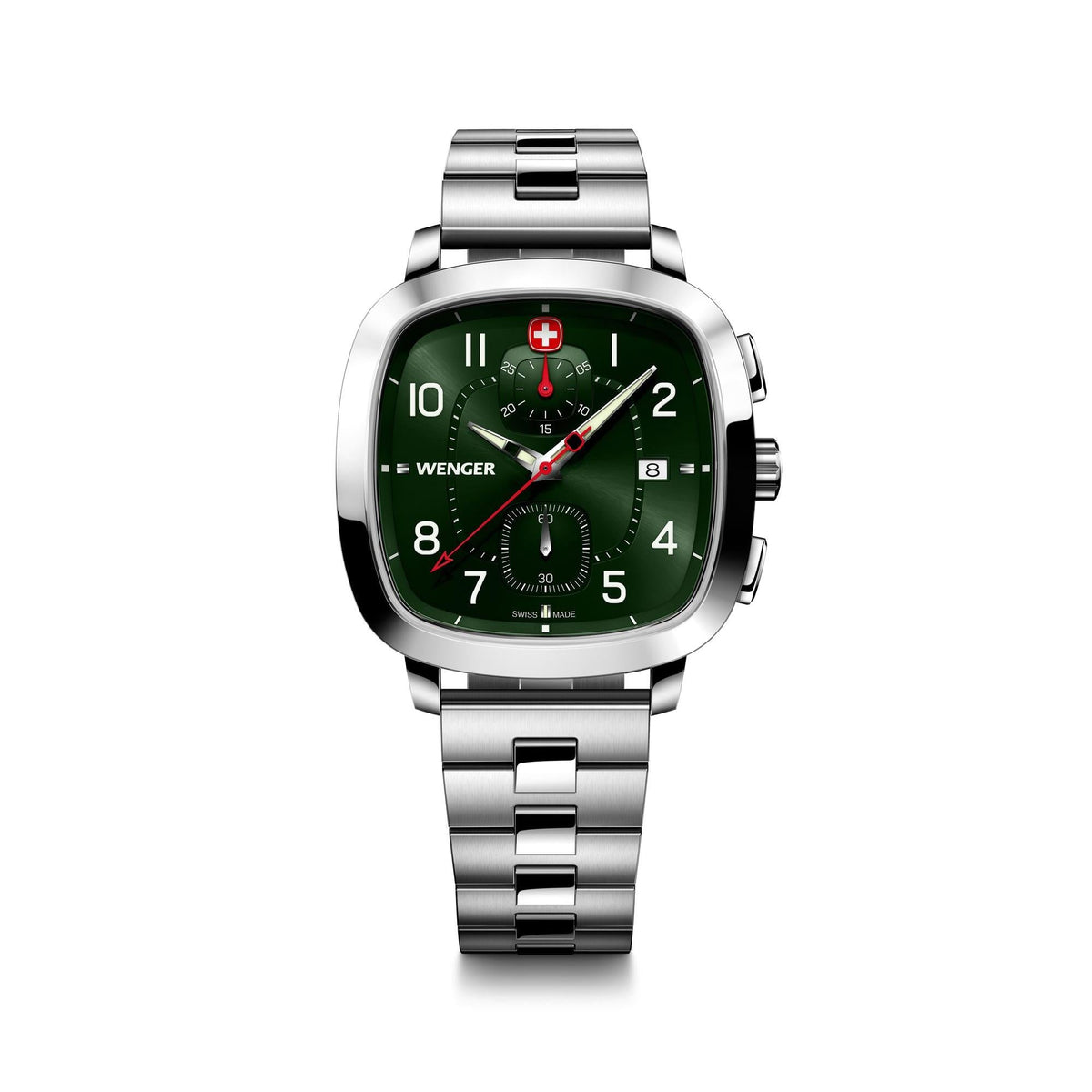 Men's sport chronograph watch with green dial and stainless steel bracelet, round case
