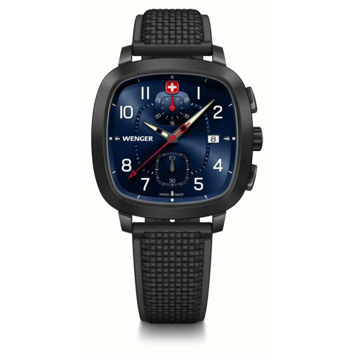 Men's sport watch with blue dial, red details, and black silicone strap.