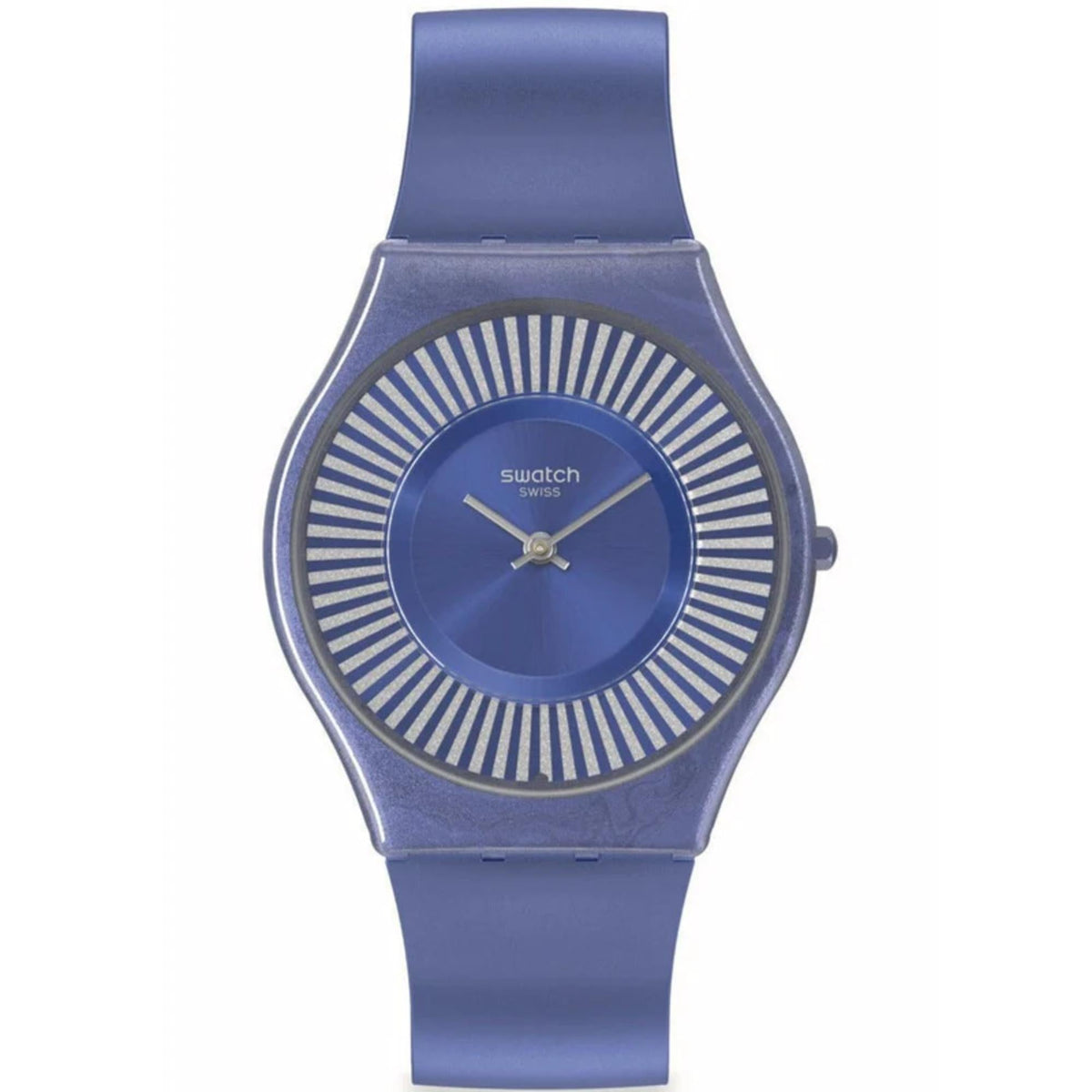 Blue silicone Swatch watch front view with blue dial and striped bezel