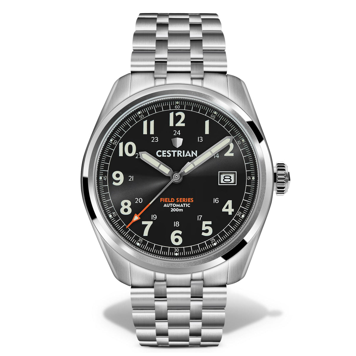 Stainless steel men’s automatic watch with black dial, luminous markers, and steel bracelet