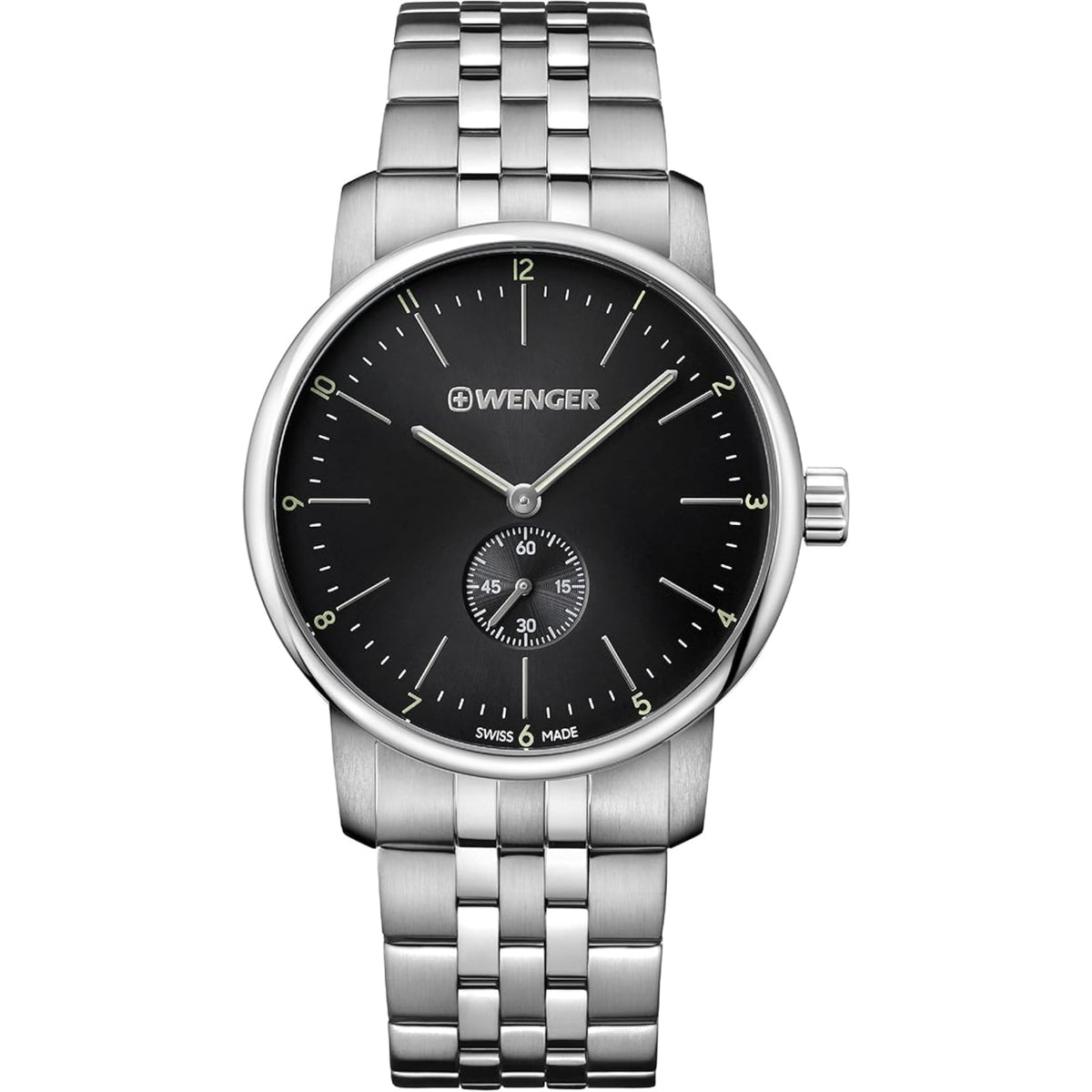 Round stainless steel watch with black dial, silver hour markers, and metal bracelet.