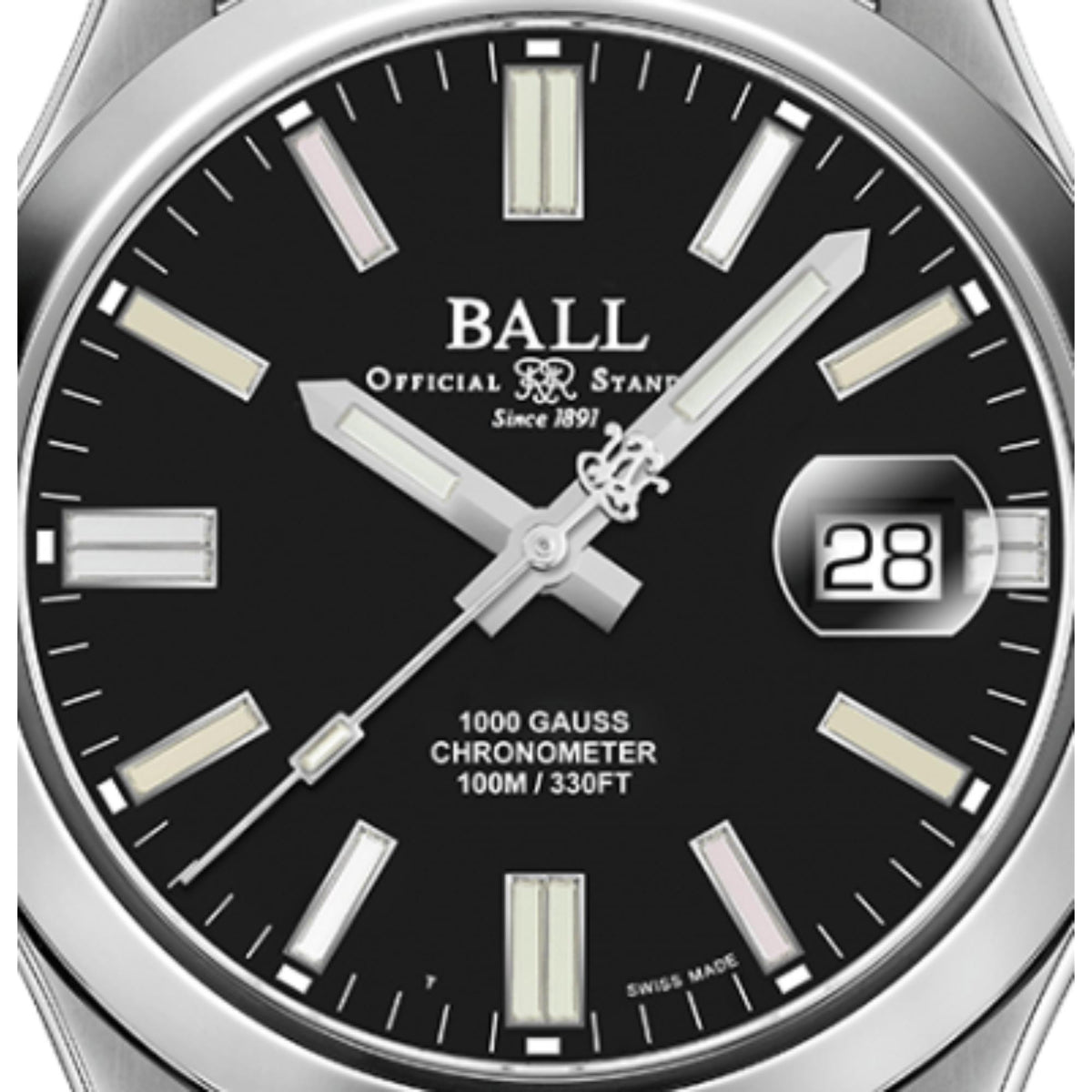 Black dial men's watch with silver hands, BALL logo, and date window at 28