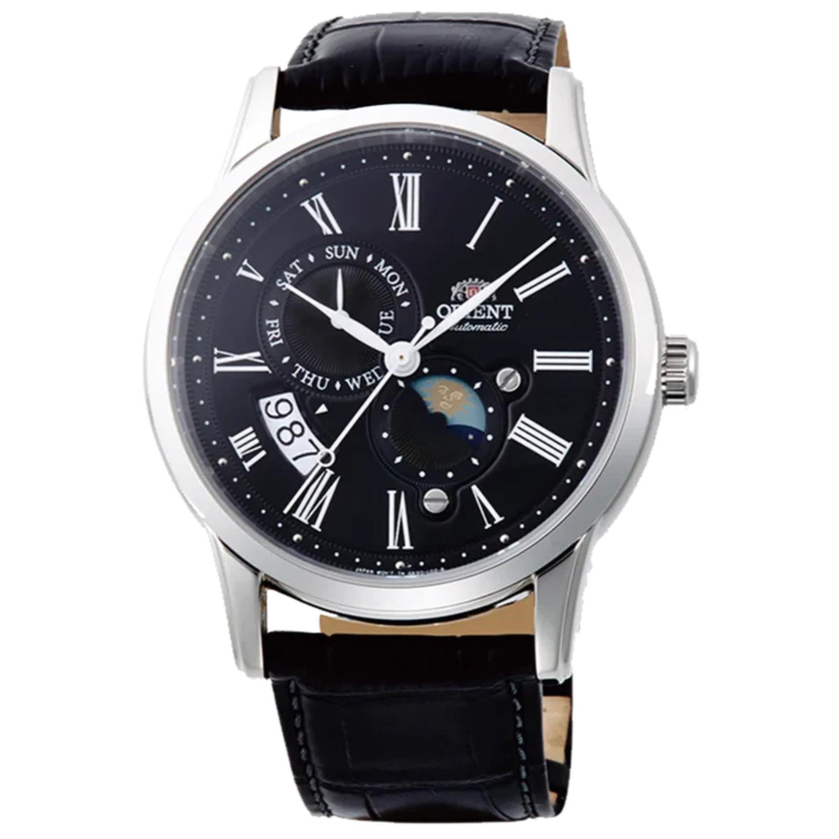 Men's mechanical watch front view, black dial with Roman numerals, leather strap, silver case