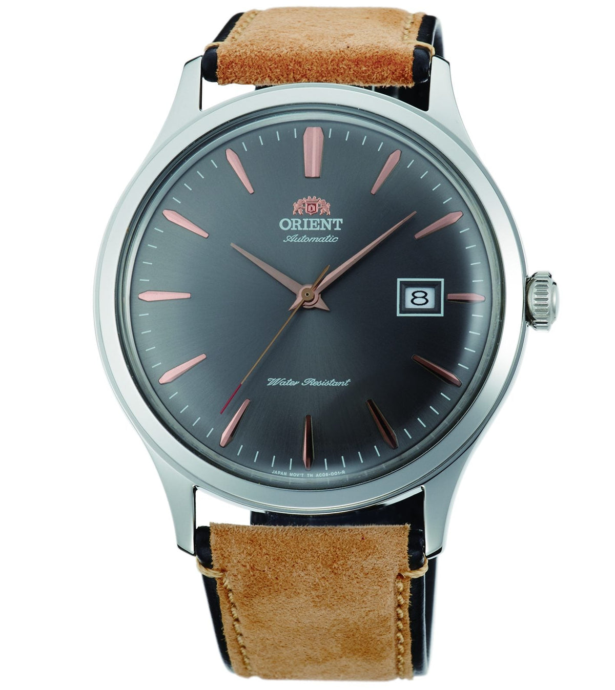 Grey dial automatic watch with tan leather strap and silver stainless case