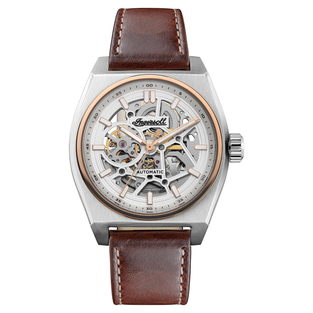 Men's automatic skeleton watch, silver case, brown leather strap, open-work white dial