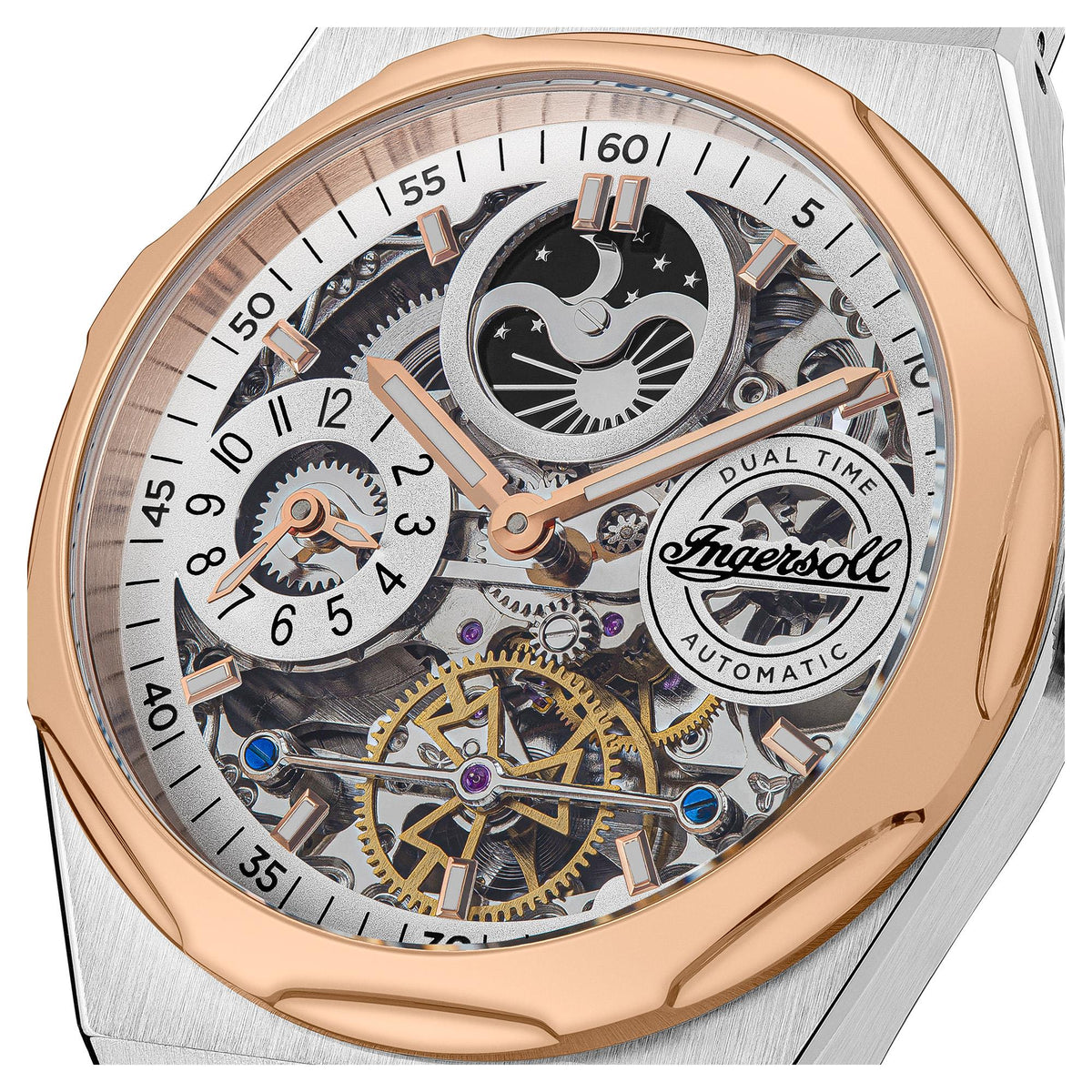 Two-tone stainless steel men's automatic watch detailed grey skeleton dial and subdials