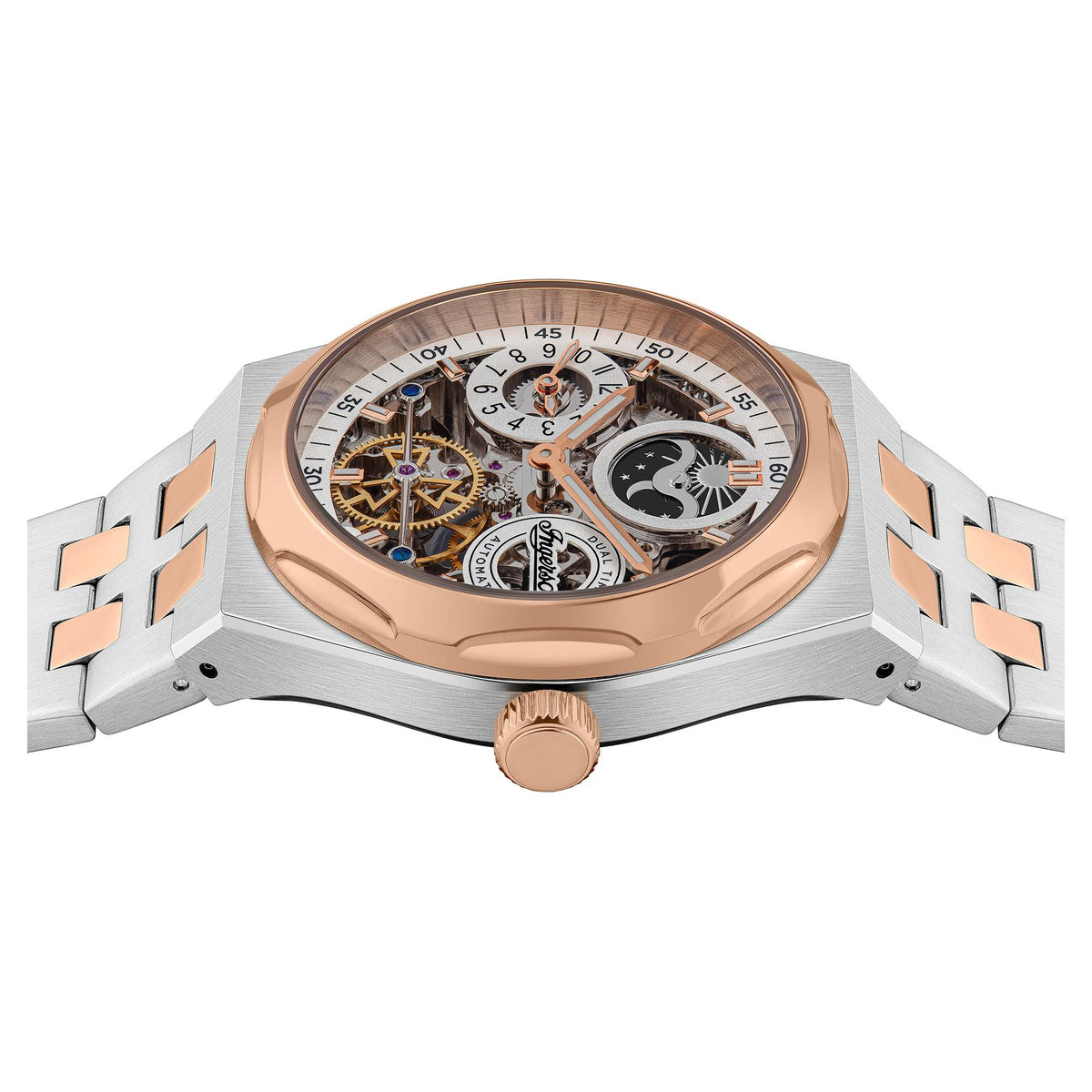 Two-tone stainless steel men's automatic watch front angled view with rose-gold tone case