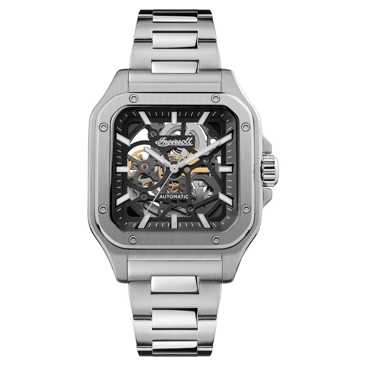Stainless steel automatic skeleton watch with black dial and metal bracelet, front view