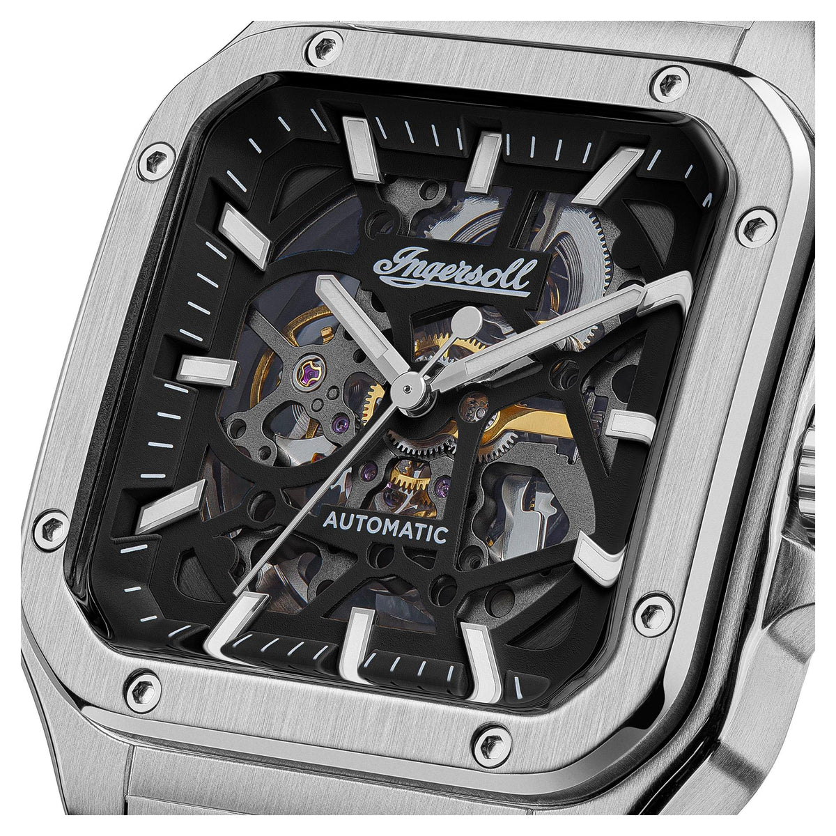 Detailed view of stainless steel automatic skeleton watch dial with black background
