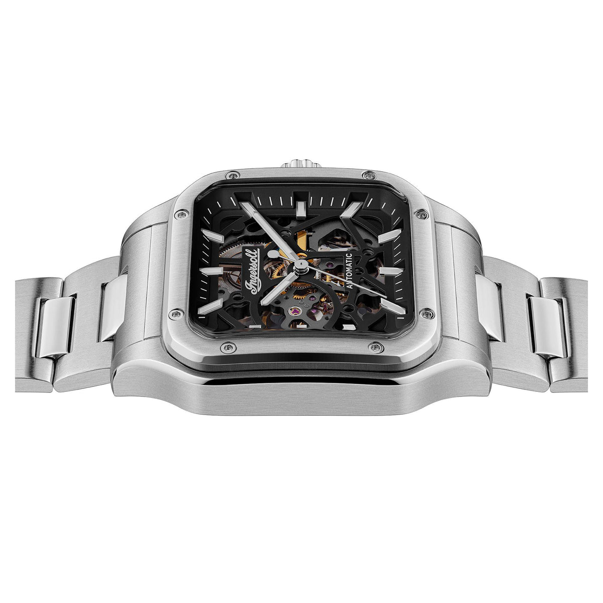 Men's automatic skeleton dial watch with black face and stainless steel bracelet