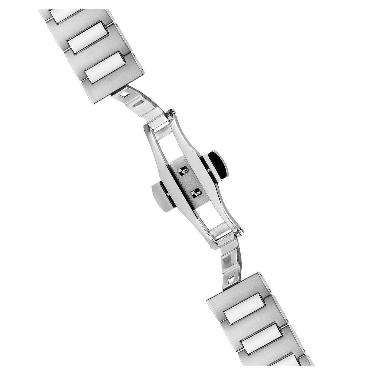 Stainless steel link bracelet with clasp and push-button detail for men's watch