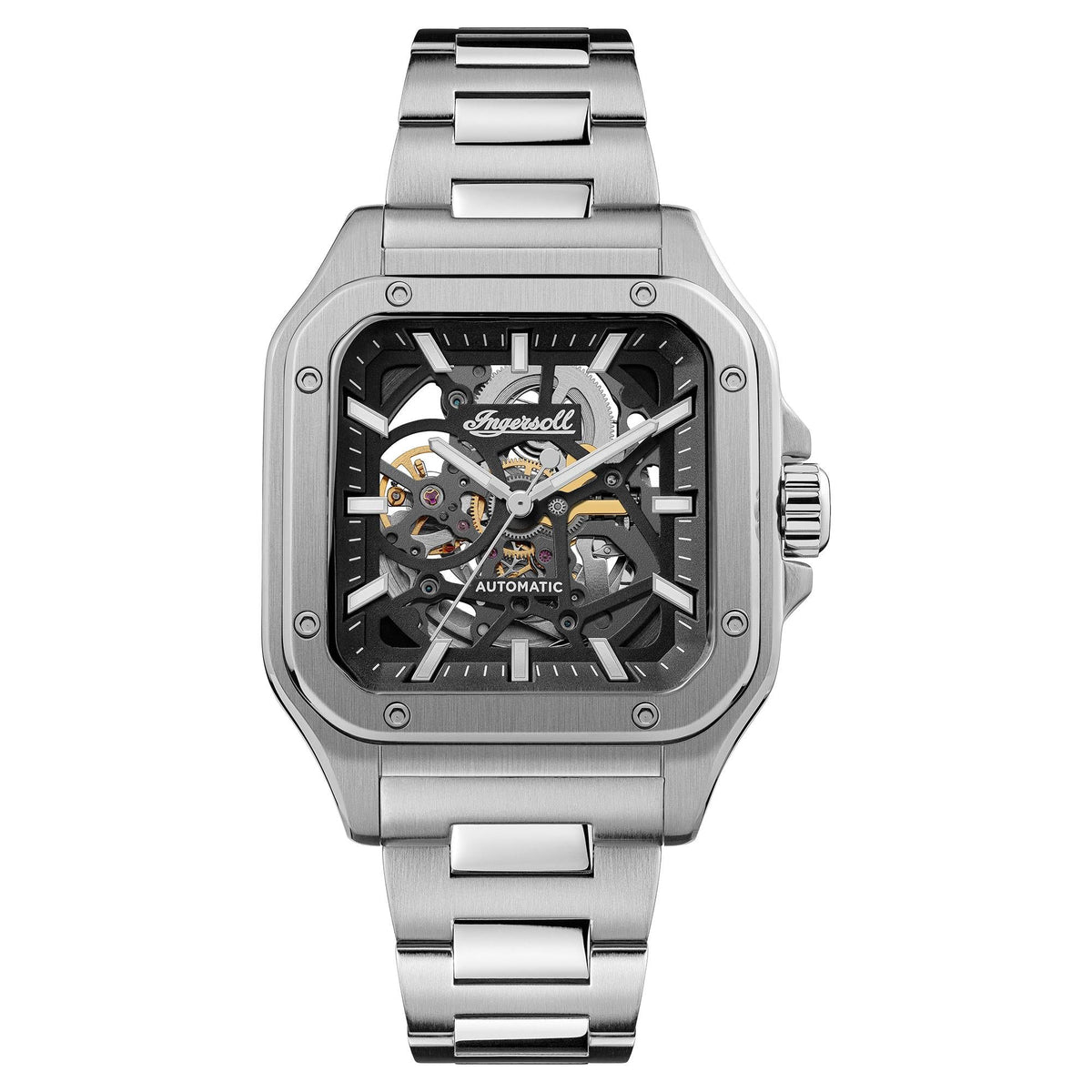 Stainless steel automatic skeleton watch with black dial and metal bracelet, angled front view