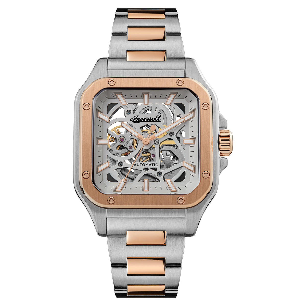 Two-tone stainless steel automatic skeleton watch with grey dial and rose-gold markers