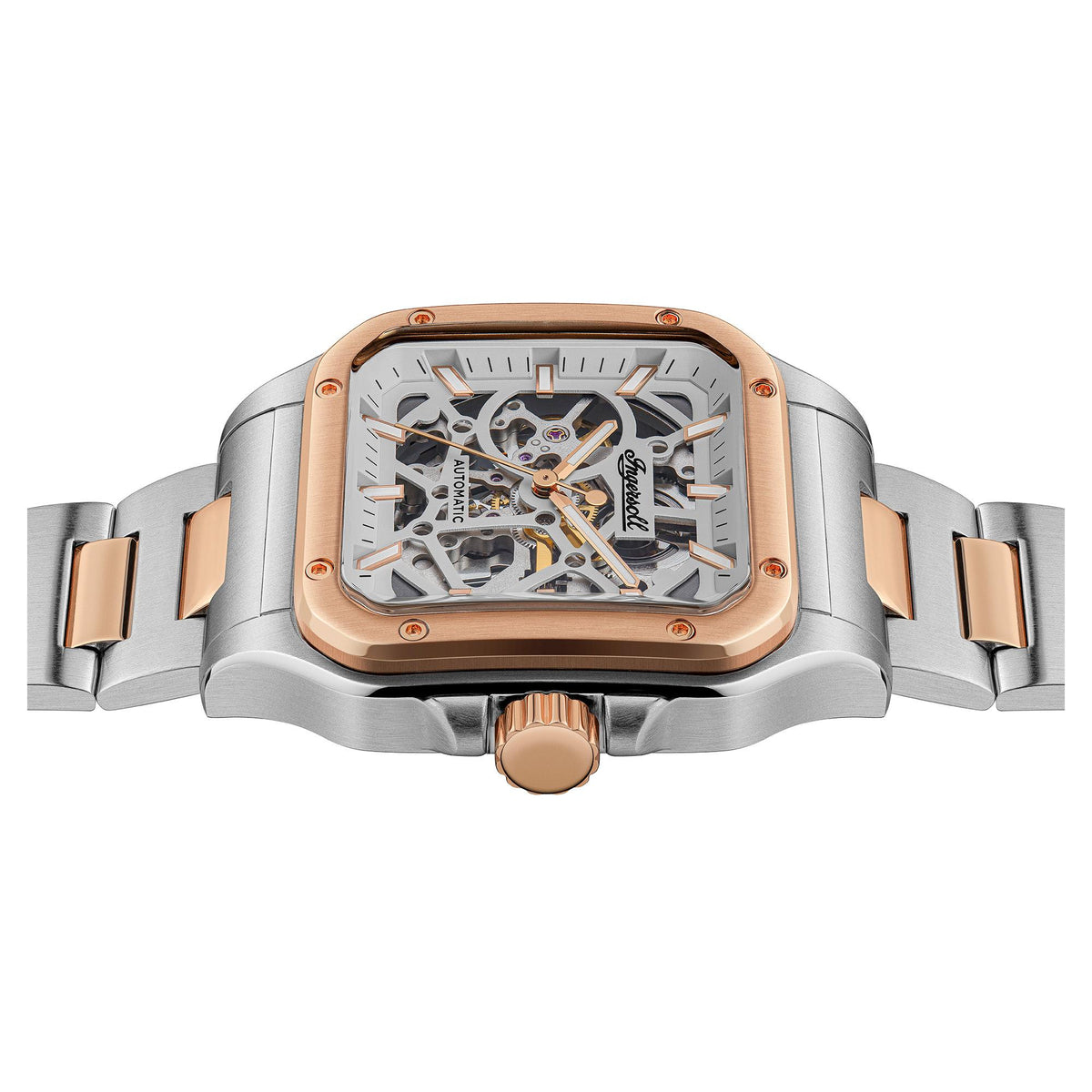 Two-tone stainless steel watch showing automatic skeleton movement from front angle