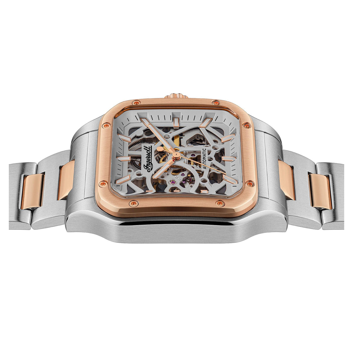 Men's automatic skeleton dial watch with grey and rose-gold case, stainless bracelet